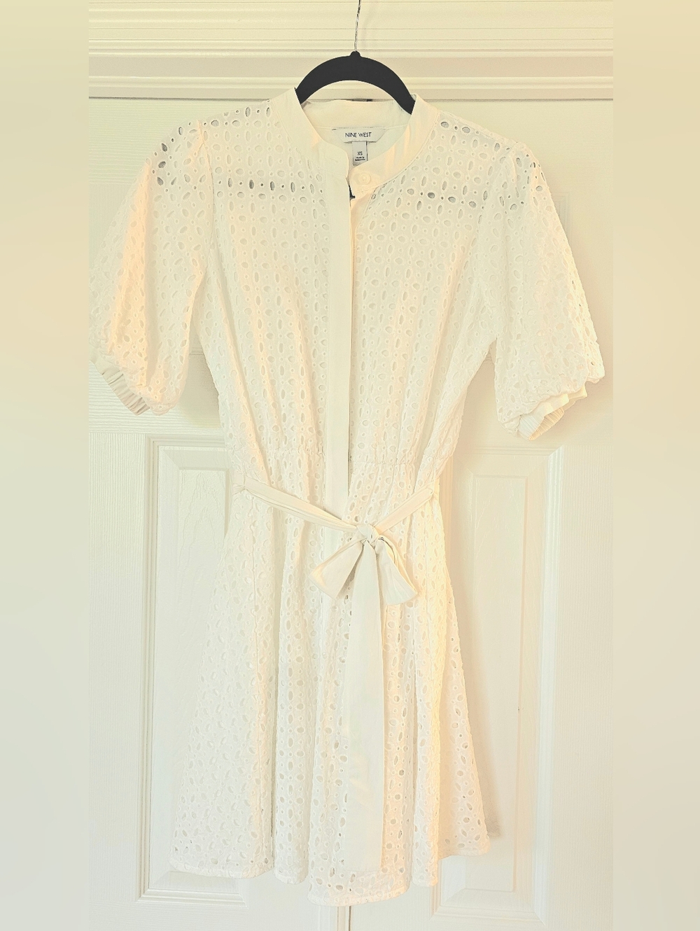 Nine West White Eyelet Tie-Waist Midi Dress